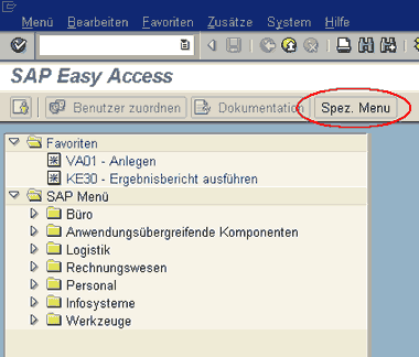 Screenshot SAP Easy Access Spez. Menu